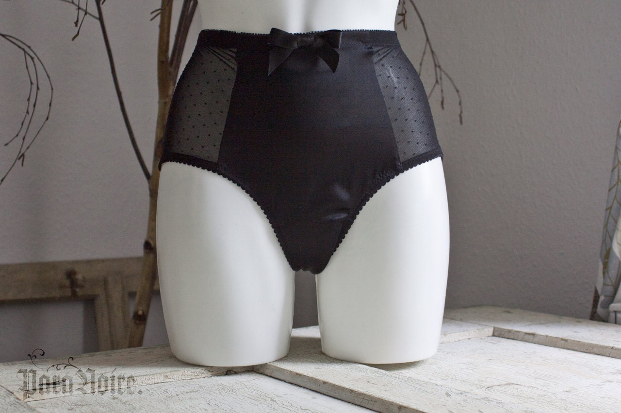 Retro Polkadot Panty - black polkadot mesh high waist panties - no side seam - available in plus size & custom sizes