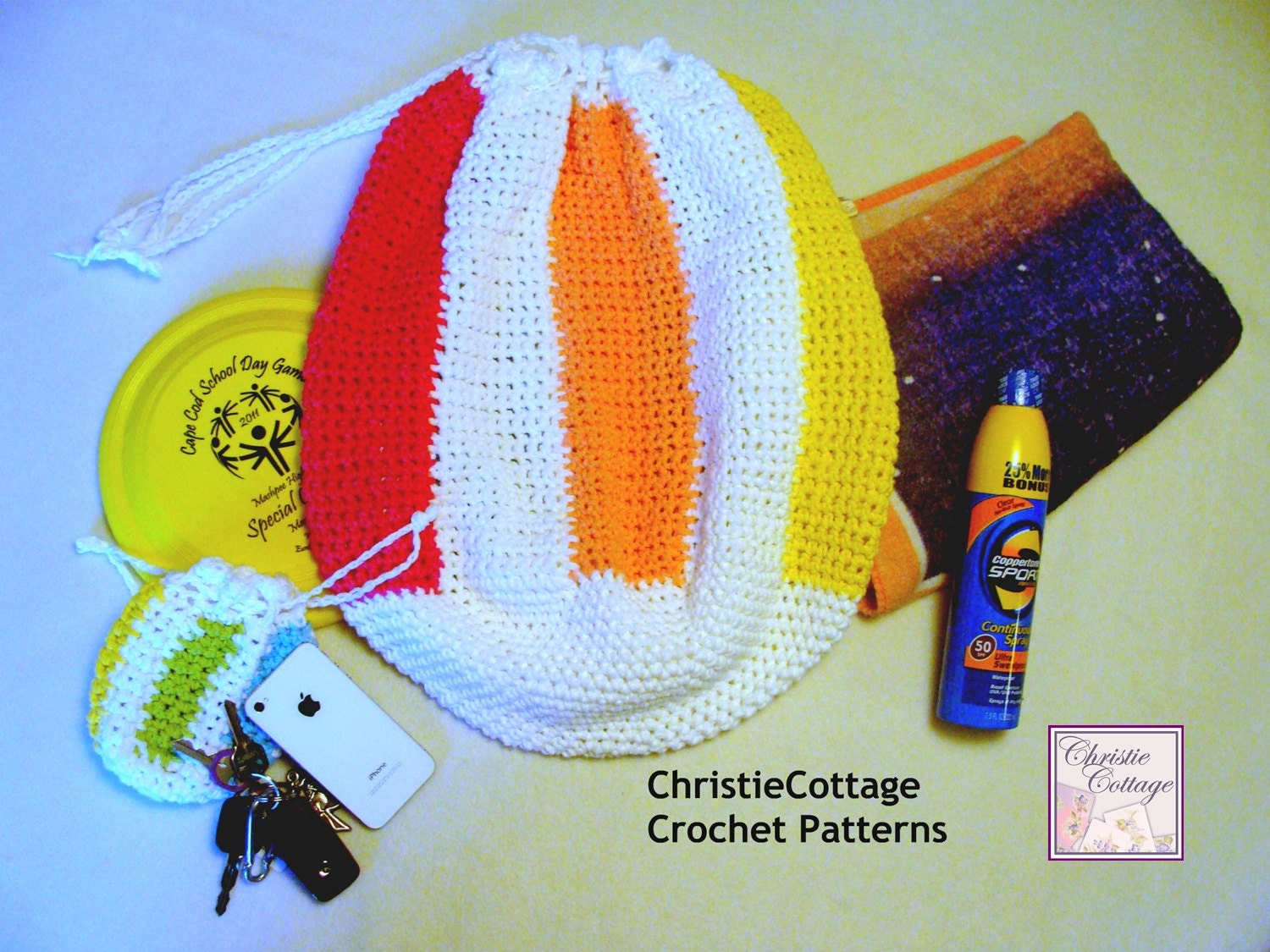 Beach Ball Bag, Beach Bag with Pouch, Crochet Pattern, PDF