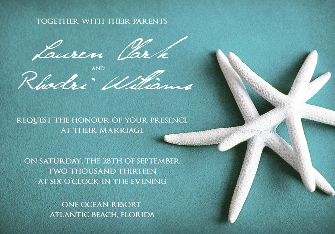 150 Wedding invitation cards 5x7 - WHITE STARFISH on blue