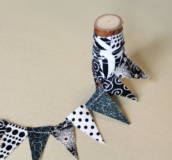 Blacks and White Mix fabric Cake Mini Bunting. Roll of Ribbon for card making and cake topper pennants.