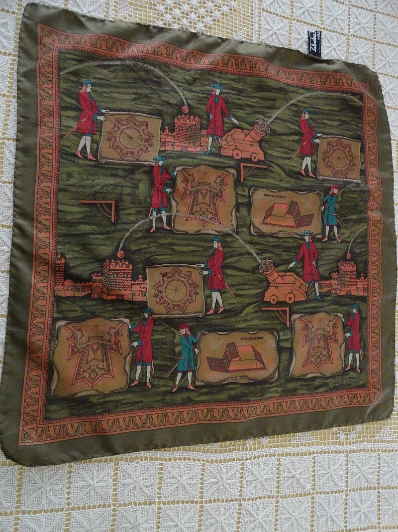 Vintage 80s Salvatore Ferragamo Silk Scarf Military Themed Pocket Square