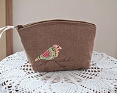 Applique Linen Clutch Cosmetic Bag  Purse Bird on a Branch Made in USA
