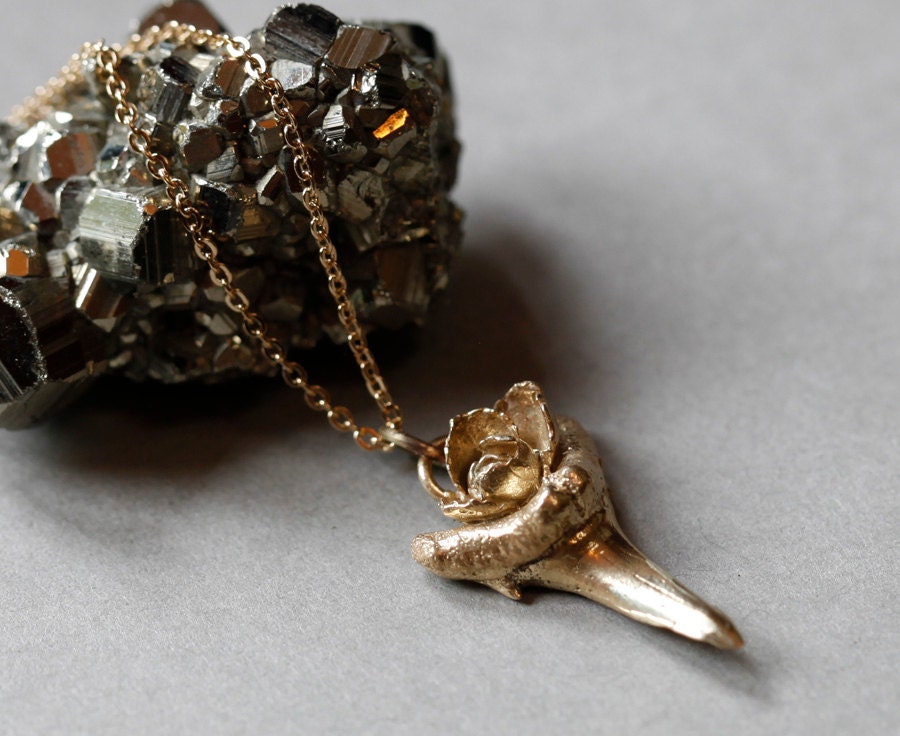 Shark tooth with rose, tribal brass pendant, shark tooth necklace