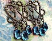 Countess: art nouveau brass filigree heart and vintage aqua glass chandelier earrings