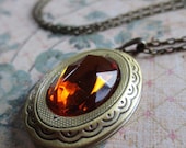Lonely Road: faceted topaz rhinestone aged brass locket keepsake necklace