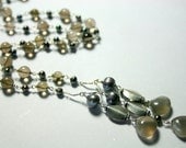 Grey Multi Drop Necklace, Wire Wrapped Pearls, Moonstone, Smoky Quartz Jewelry, Sterling Silver Necklace