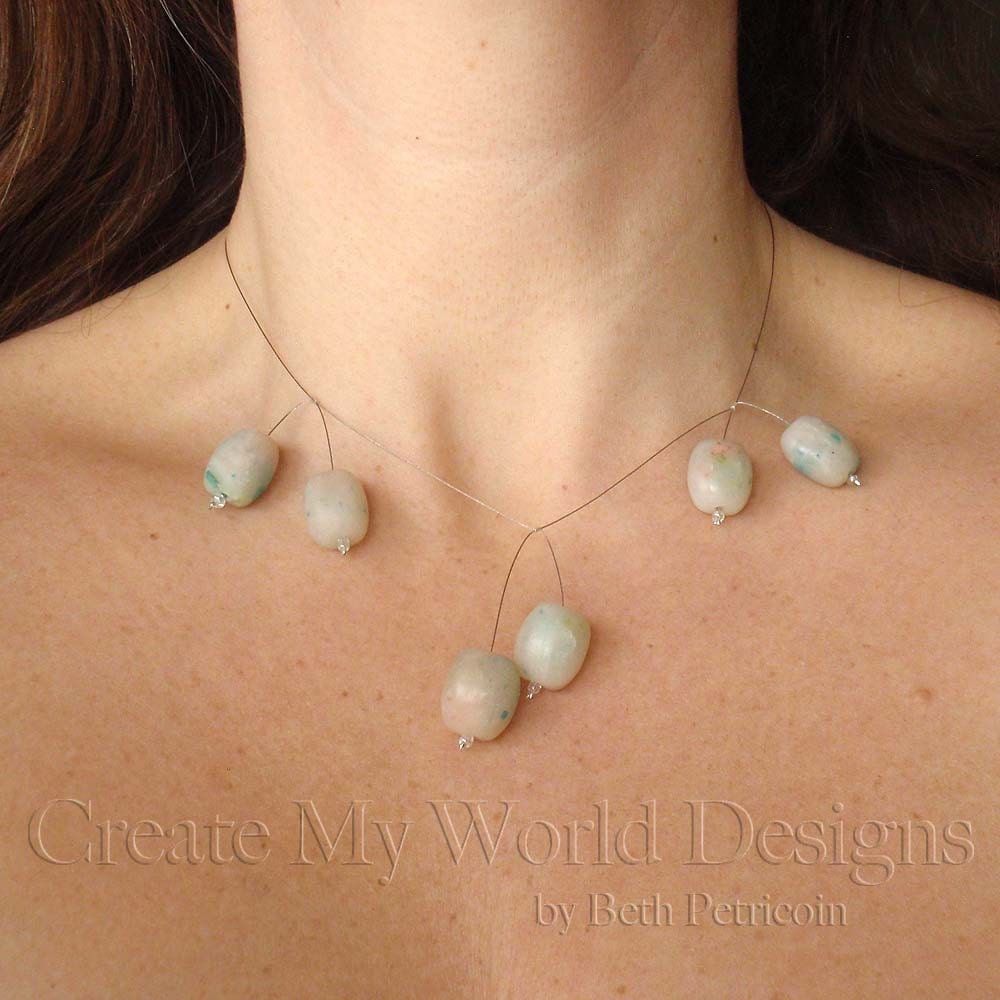 Drop Bead Necklace: unusual design translucent polymer clay dyed upcycled tyvek beads aqua green silver rounded rectangle shape