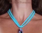 Aqua Pink Black Necklace - bright colors, upcycled t-shirt necklace polymer clay pendant