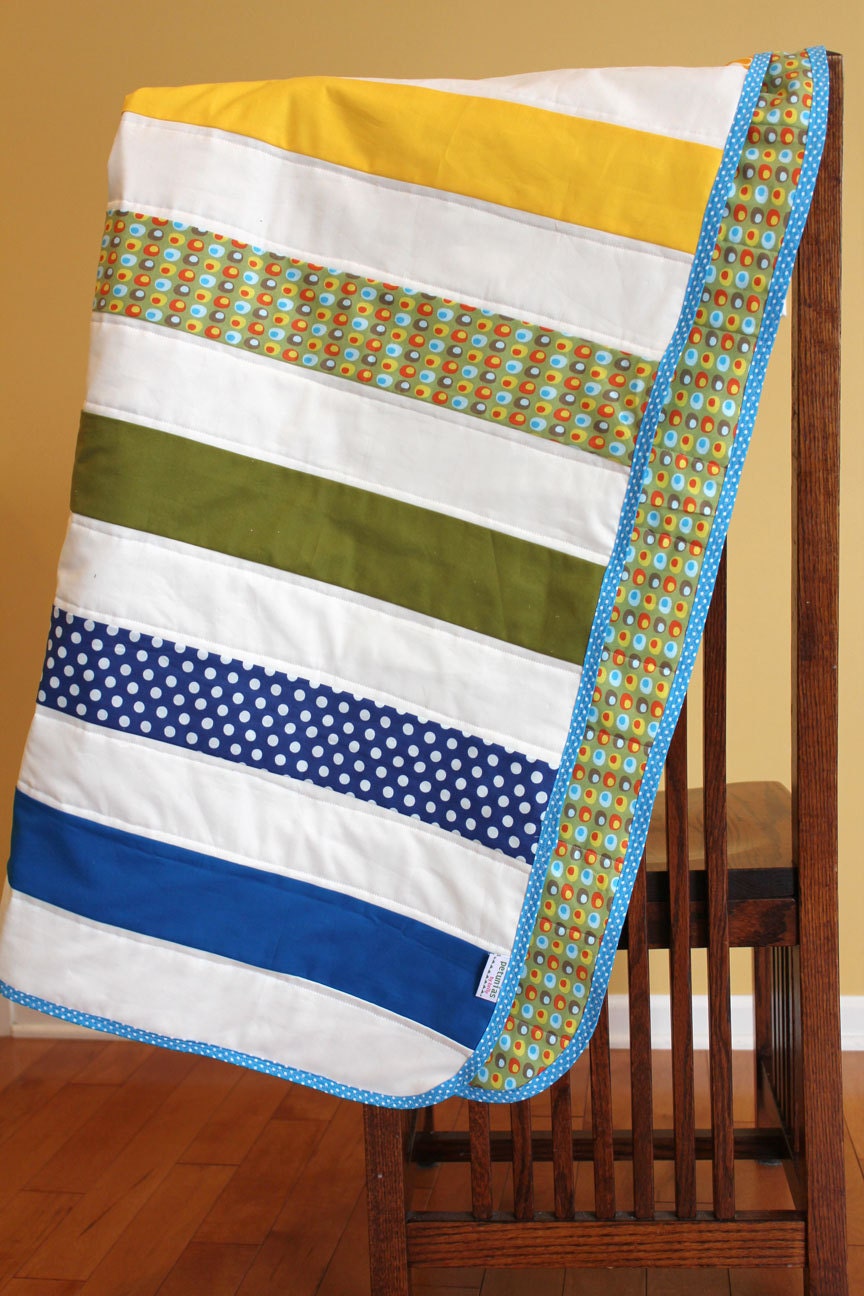 Modern Baby QUILT by PETUNIAS - cobalt chartreuse gold strip stripe blanket nursery decor vintage newborn shower gift room crib bedding