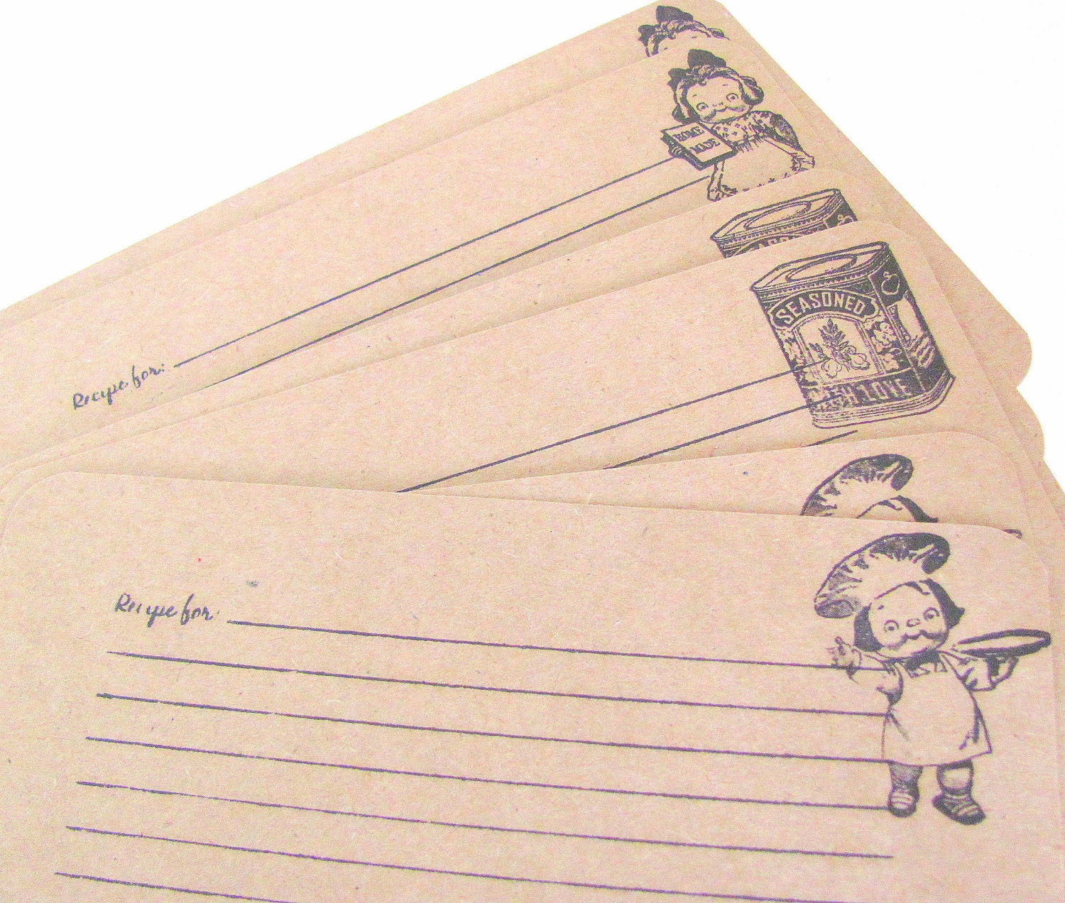 Handmade Recipe Cards. Kraft Paper. Lot of 24.Vintage Kitchen Images.Bridal Shower. Chef boy, girl, seasonings