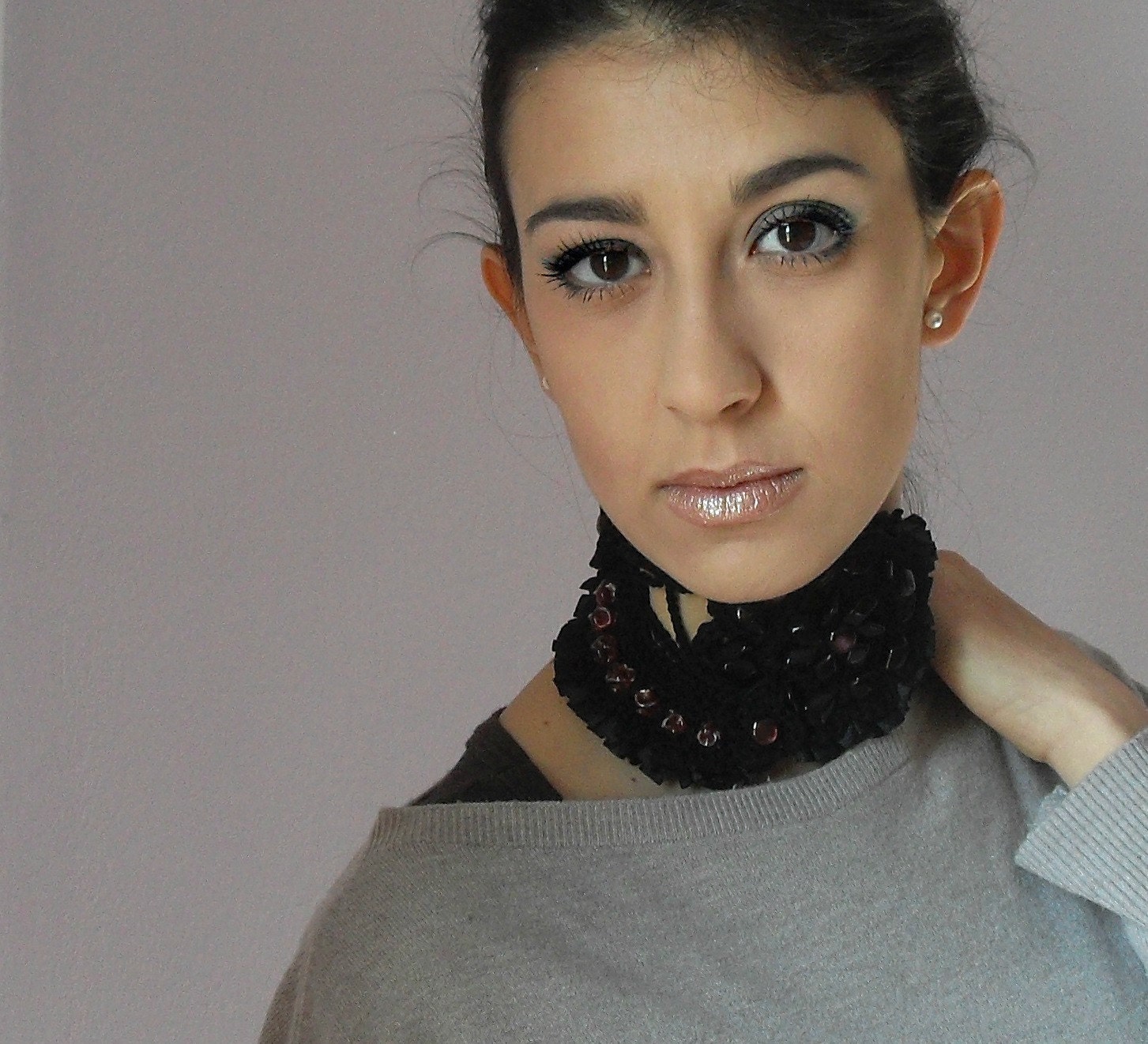 Crocheted Choker Necklace Cowl Adjustable Black Blood Red - Cotton Flower Lace Luxury NOTRE-DAME