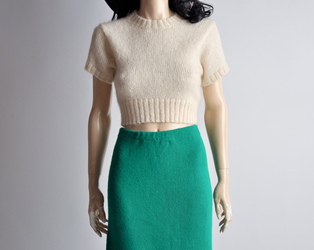 cream mohair short sleeve crop top sweater xs / s