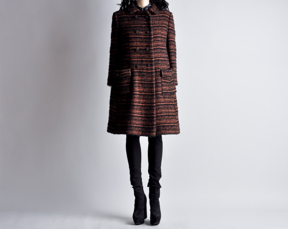 60s mod brown black striped boucle coat / m