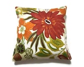 Two Red Orange Olive Green Mustard Yellow Floral Design Pillow Covers Decorator Toss Throw Accent Covers 16 inch pair