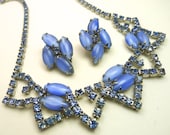 Vintage 50s Milk Satin Periwinkle Rhinestone Necklace and Earrings