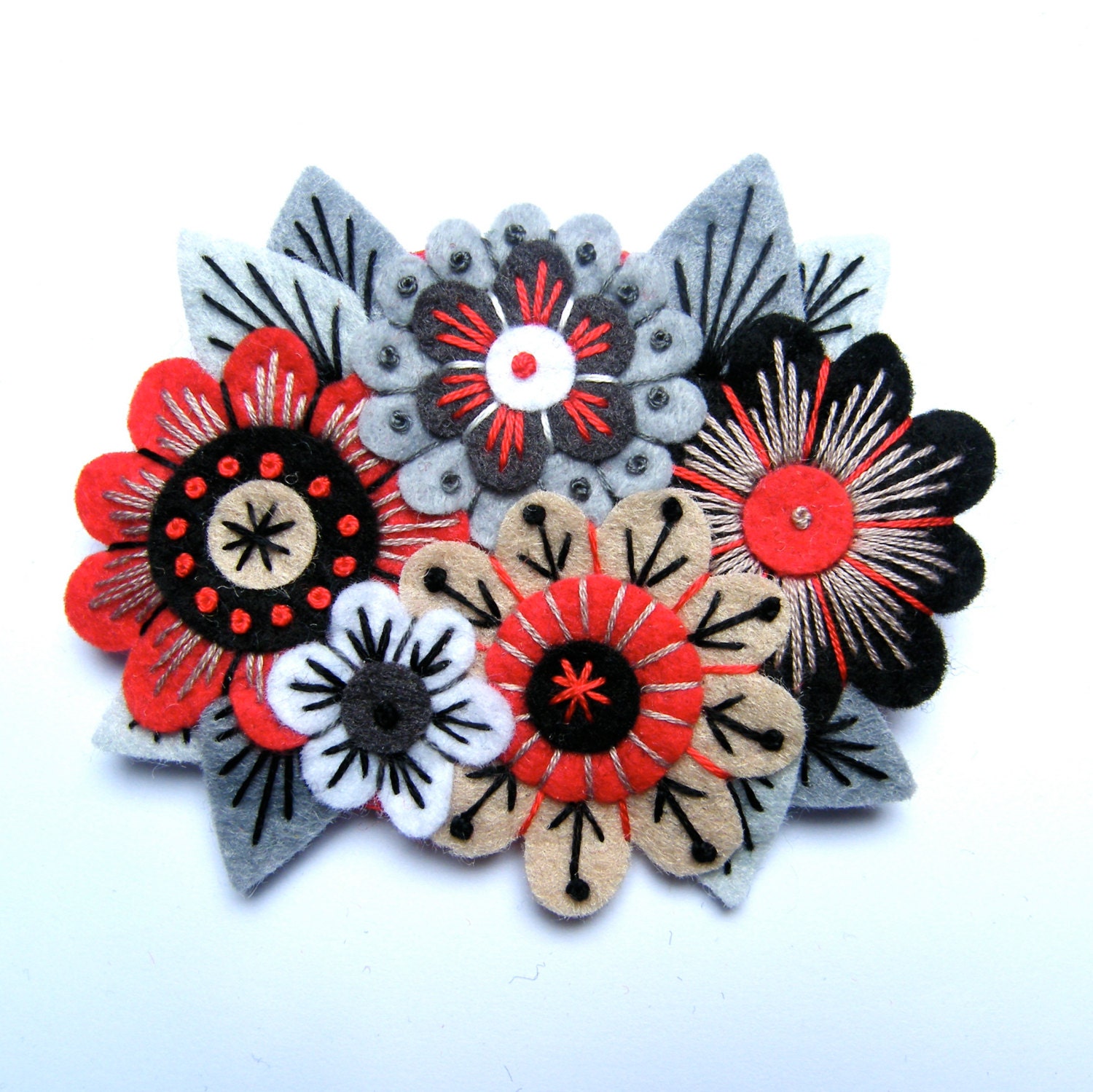 VINTAGE BOUQUET felt brooch pin with freeform embroidery - scandinavian style