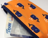 Zippered Coin Purse Wallet - Fabric Business Card Holder - Blue Whales on Orange
