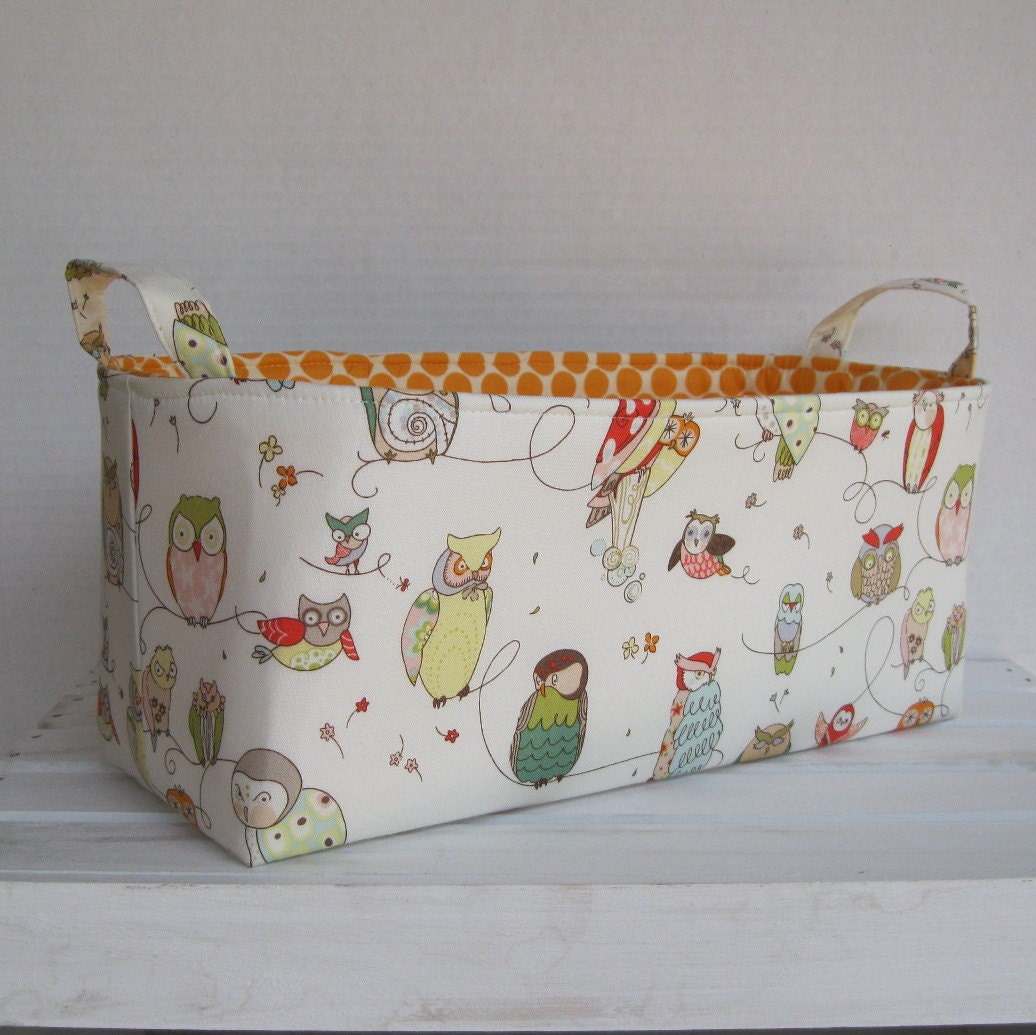 Long Diaper Caddy - Storage Container Basket Fabric Organizer Bin - Spotted Owl - Cream