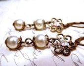Antique Brass Filigree Pearl Dangle Earrings