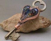 Copper Electroformed Pendant Recycled Vintage Skeleton Key Glass Heart Cabochon