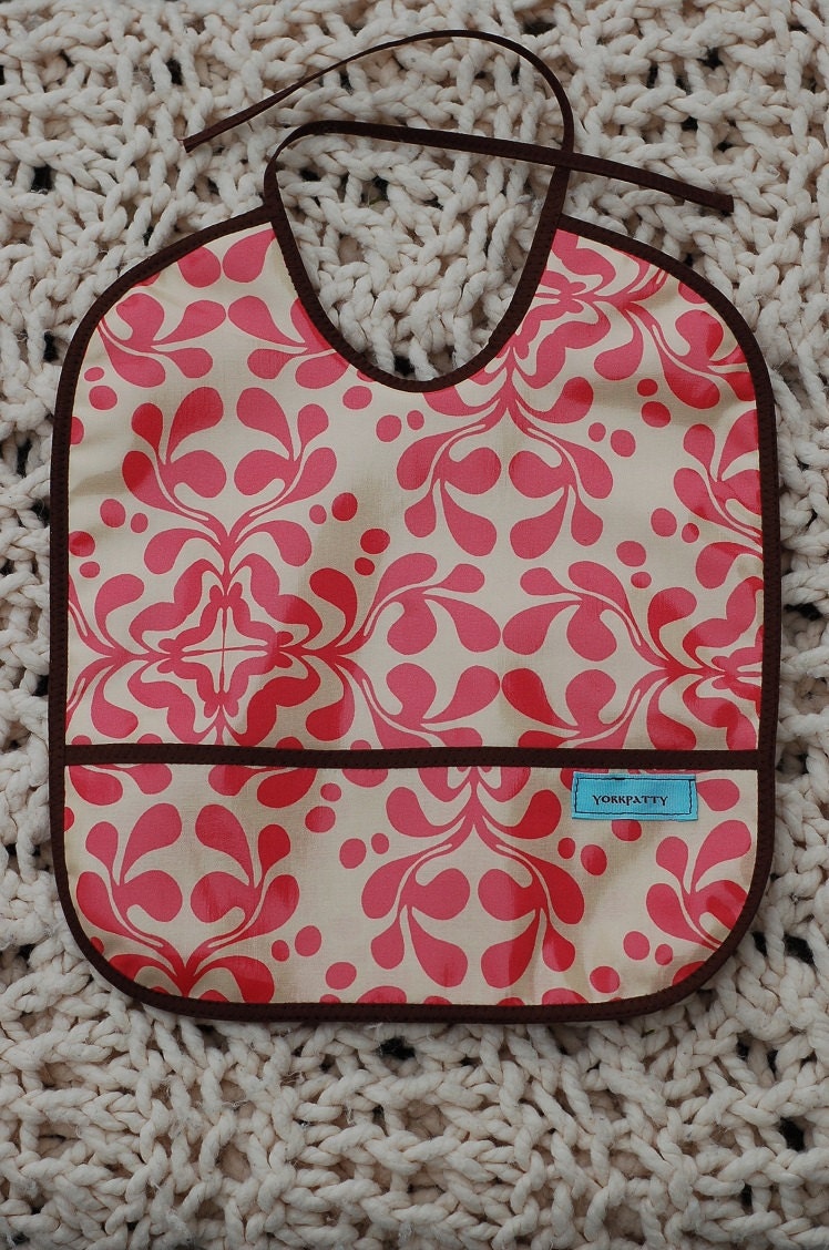 Coral and Brown Laminated Cotton Pocket Bib - handmade, BPA free, girl, baby, infant, toddler, feeding