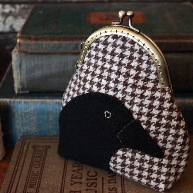 Primitive Black Crow Raven Wool Applique Coin Purse