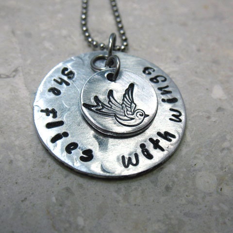 Hand Stamped - She Flies With Wings Necklace - Silver Tone - Stainless Steel Ball Chain