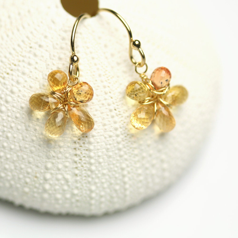 Dainty Yellow Sapphire Flower Earrings in 18k Solid Gold