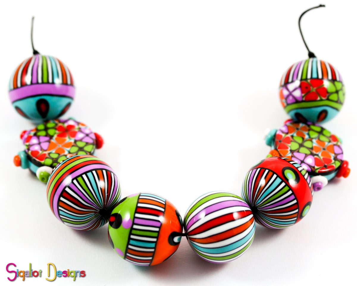 Crazy Carnival- Handmade Polymer clay beads mix of shapes (8) - Sigaliot