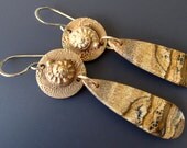 Solid Bronze Button Shell Dangle Earrings with Picture Jasper Drops and Handmade Sterling Silver Earwires