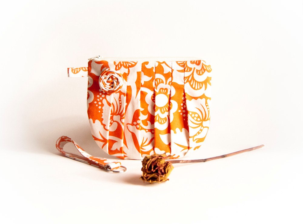 Bridesmaid Gift  Idea, pleated wedding bridal bridesmaid clutch, wristlet, purse, bag cosmetic clutch Ivory Orange Rosebud by Lolos
