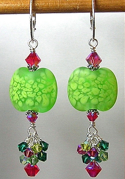 PiNK and GReeN Handmade SRA Lampwork Art Glass Bead Earrings by Glitterbug Originals SRAJD