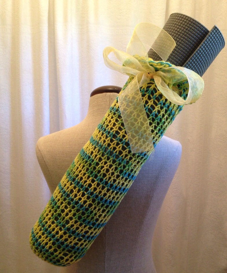 Yellow green knitted yoga Pilates mat bag tote