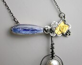 Kyanite White Sapphire Pearl Ruby Sterling Silver 24k Gold Necklace