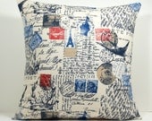 Paris Postmark French Stamp decorative throw pillow cover 18 x18 inches /Accent cushion sham/ slipcover in primary colors.