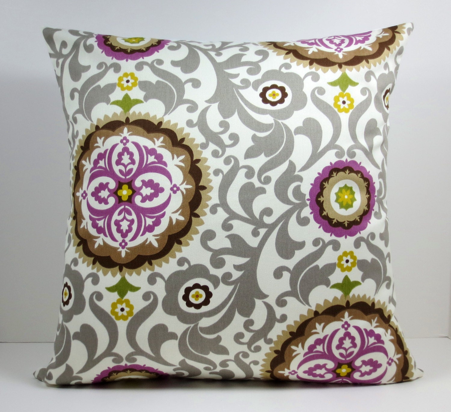 Suzani Damask decorative throw pillow cover 18 x18 inches /Accent cushion sham in gray, purple n gold.