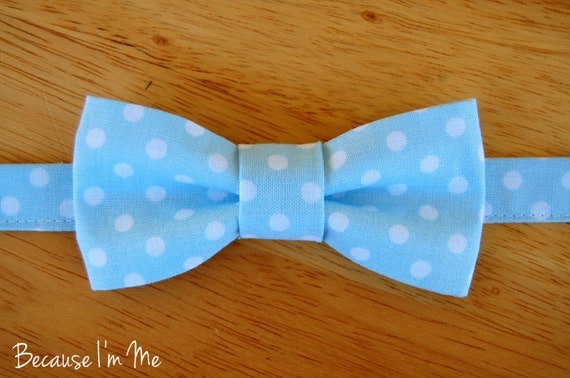 Boys Light Blue Dot Bow Tie, pre-tied and adjustable, bowtie in infant, toddler, child, preteen boy sizes