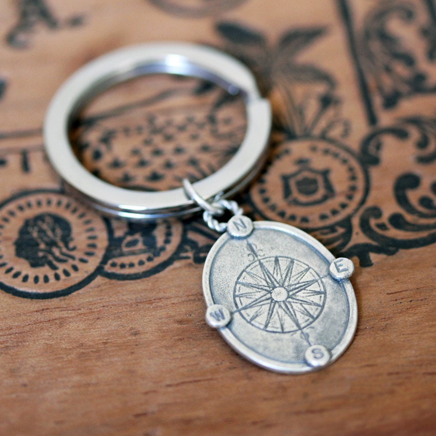 Compass keychain - graduation gift - recycled sterling silver - compass rose - oxidized - nautical keychain - keyring - Find your way