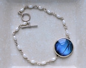 Waterproof  Real Butterfly Wing Bracelet  Blue Morpho Wire Wrapped Pearls