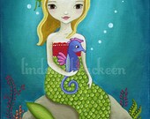 Mermaid Seahorse Print Nautical Kids Art