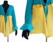 Dragonfly Spring jacket Cardigan 1x Recycled Handmade Women Clothing Lagenlook Top Yellow Teal Aqua