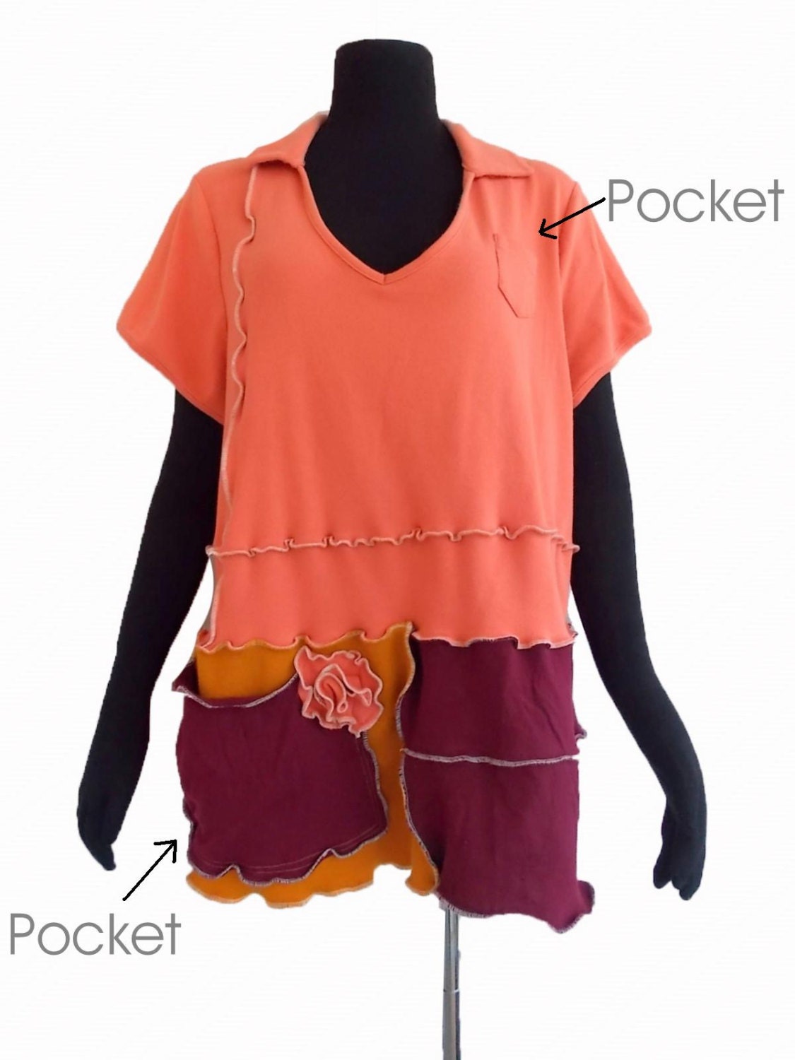 Floral Top 1x Recycled Cotton Spandex Knit Handmade Womens Plus Clothing Peach Gold Burgundy Flower