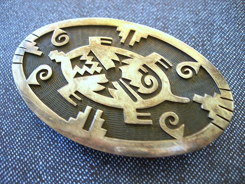 Vintage HOPI Belt Buckle Mark Tawahongva Overlay Sterling Silver TURTLE Native American
