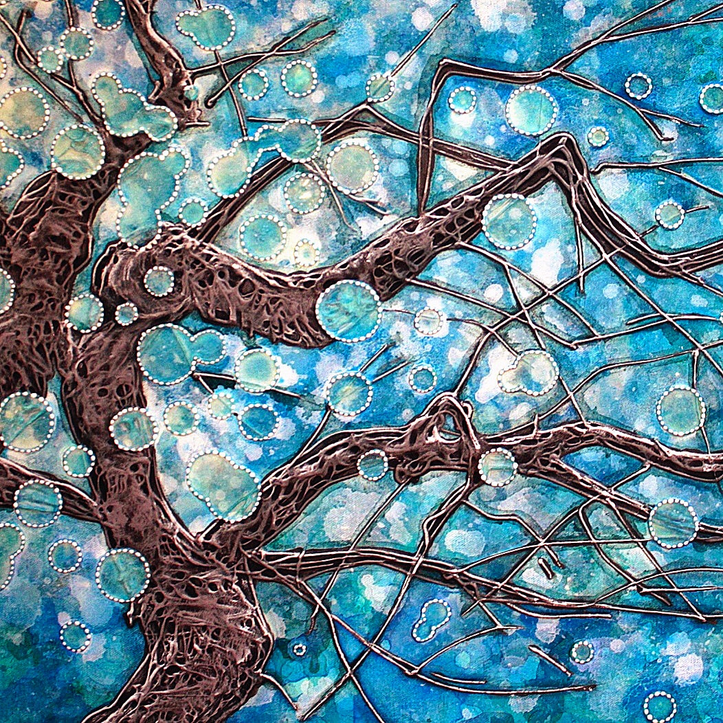 Hanami - Original Light Reactive Triptych Painting - from Bloom to Floating Petals . 30x90 inches . Glows in the Dark