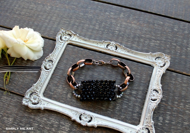 Vintage Black Rhinestone, Pearl and Copper Bracelet...Rock and Rebel Six