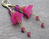 Hot Pink Lucite Flower Earrings, Matte Gold Leverbacks, Swarovski & Czech Crystals... Flower Jewelry