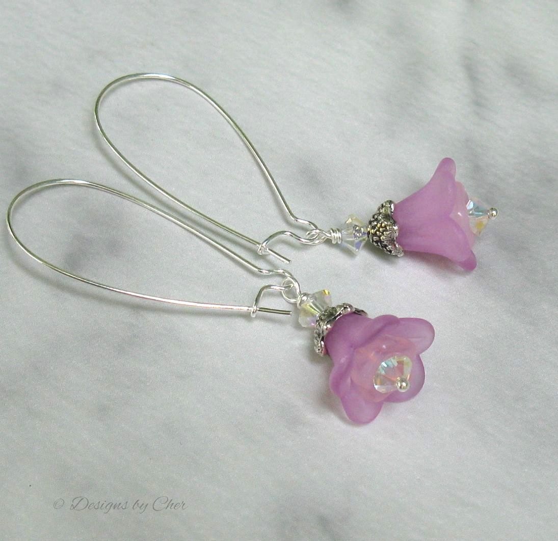 Pink Glass & Lilac Lucite Flower Earrings on Long Silver Kidney Wires... Delicate Rosey Flower Dangles