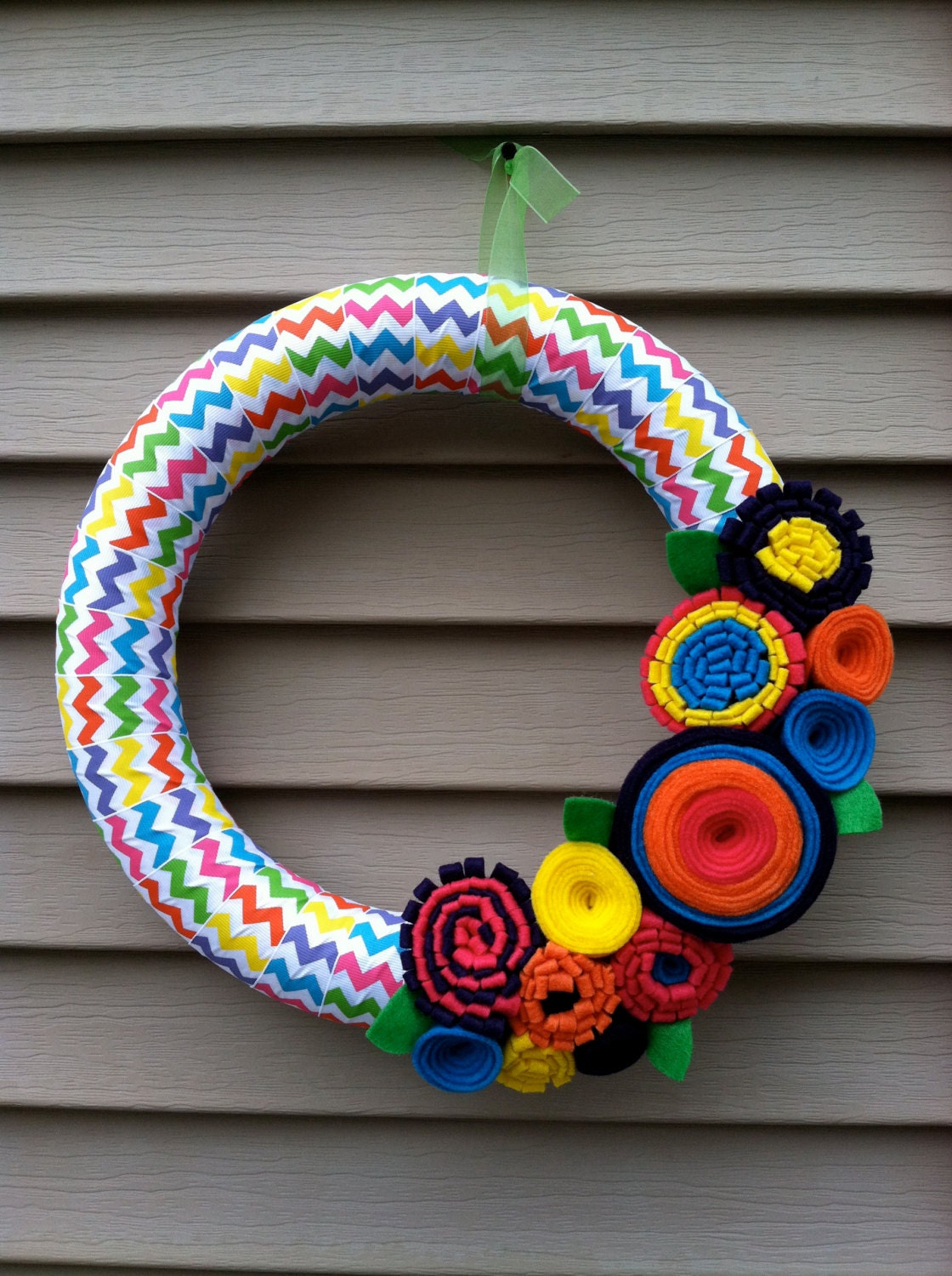 Spring Wreath Wrapped in Rainbow Chevron Ribbon w/ felt flowers. Summer Wreath - Spring Wreath - Ribbon Wreath