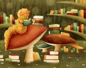 bookworm art print -- Bookworm -  library, books, artwork, nursery, kids art, childrens room art, reading, librarian
