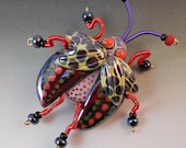 Black Beetle Pin with Red and Purple Accents- Colored Porcelain, Bead and Wire Handmade Brooch